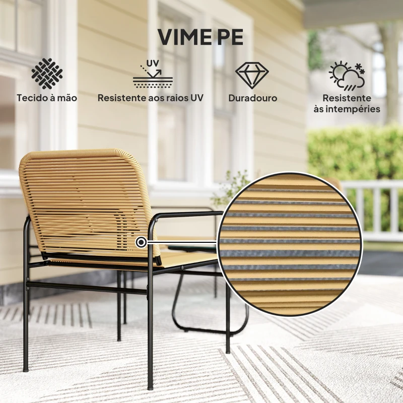 Outsunny Conjunto de Jardim em Vime com 2 Poltronas Sofá de 2 Lugares e Mesa com Bancada em Vidro Temperado Madeira e Preto