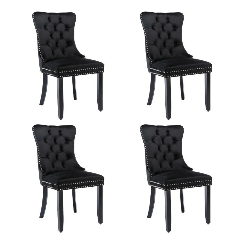 Set of 4 Velvet Upholstered Dining Chairs with Button Tufted Backrest, Solid Wood Legs, Foot Pads, Wingback Design, 50L x 64W x 96H cm, Black