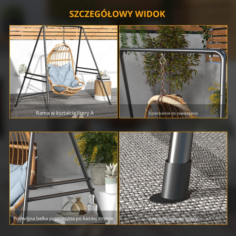 Outsunny Stojak na fotel wiszący, solidny & odporny na warunki atmosferyczne, wewnątrz i na zewnątrz, do 150 kg, stal, 178 x 143 x 180 cm, Czarny