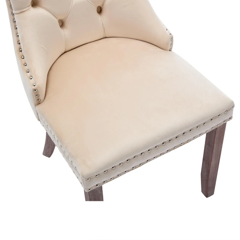 Set of 4 Velvet Upholstered Dining Chairs with Button Tufted Back, Brushed Wood Legs, Foot Pads, Wingback Design, 50L x 64W x 96H cm, Beige
