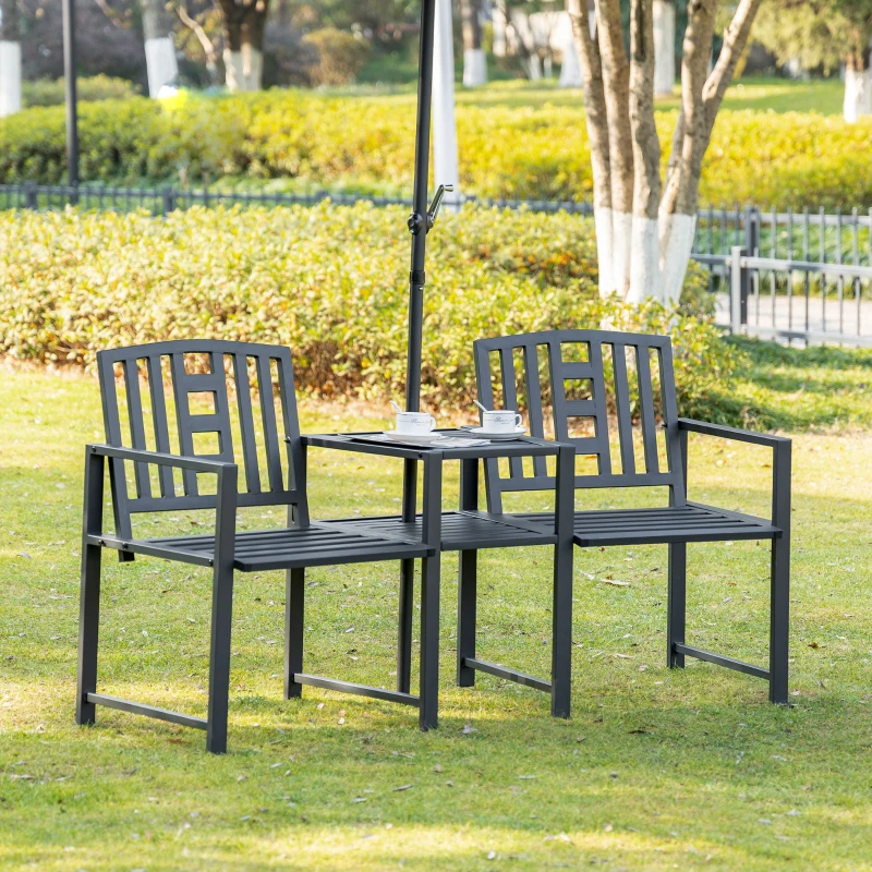 Outsunny 2 Seat Garden Chair Bench Loveseats w/Coffee Table Slatted Design Patio Yard