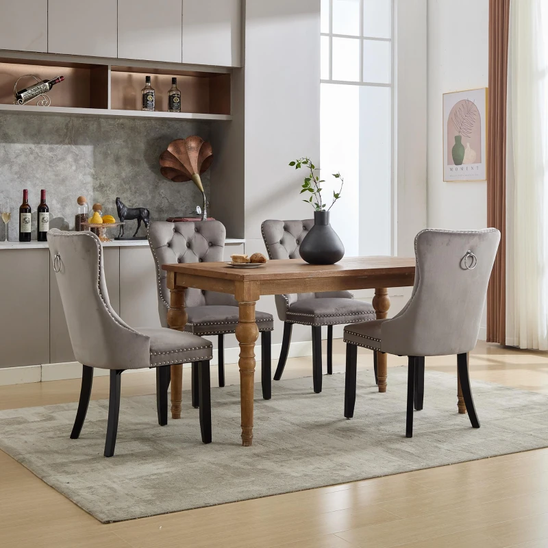 Set of 4 Velvet Dining Chairs with Button Tufted Backrest, Foot Pads, Solid Rubber Wood Legs, Wingback Design, 50L x 64W x 96H cm, Grey