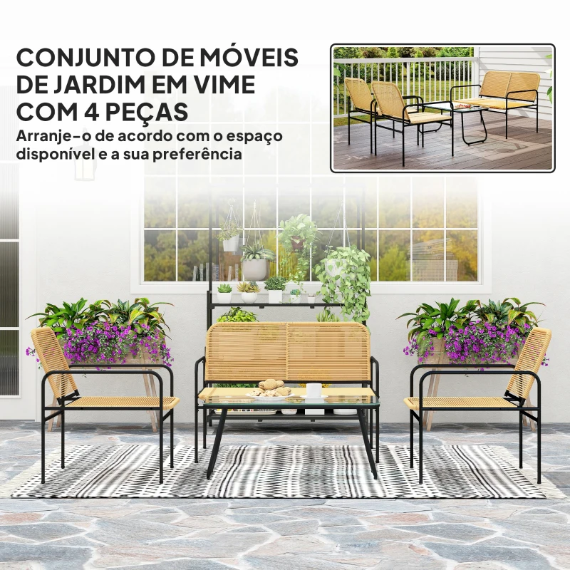 Outsunny Conjunto de Jardim em Vime com 2 Poltronas Sofá de 2 Lugares e Mesa com Bancada em Vidro Temperado Madeira e Preto