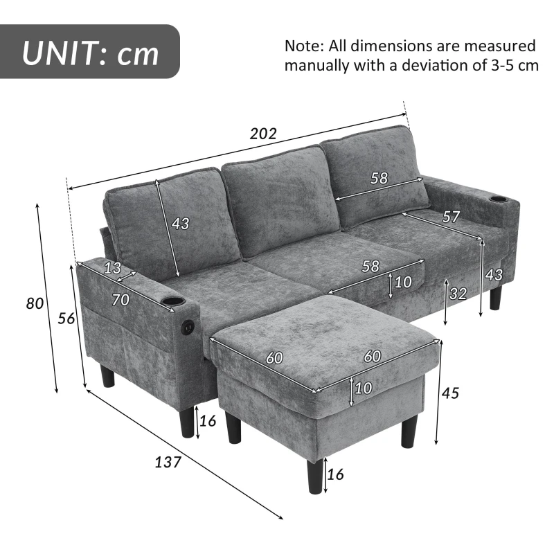 L-Shaped Corner Sofa with USB Charging Ports, Cup Holders, Ergonomic 3-Seater Sectional Couch for Apartment, 202L x 137W x 80H cm, Grey