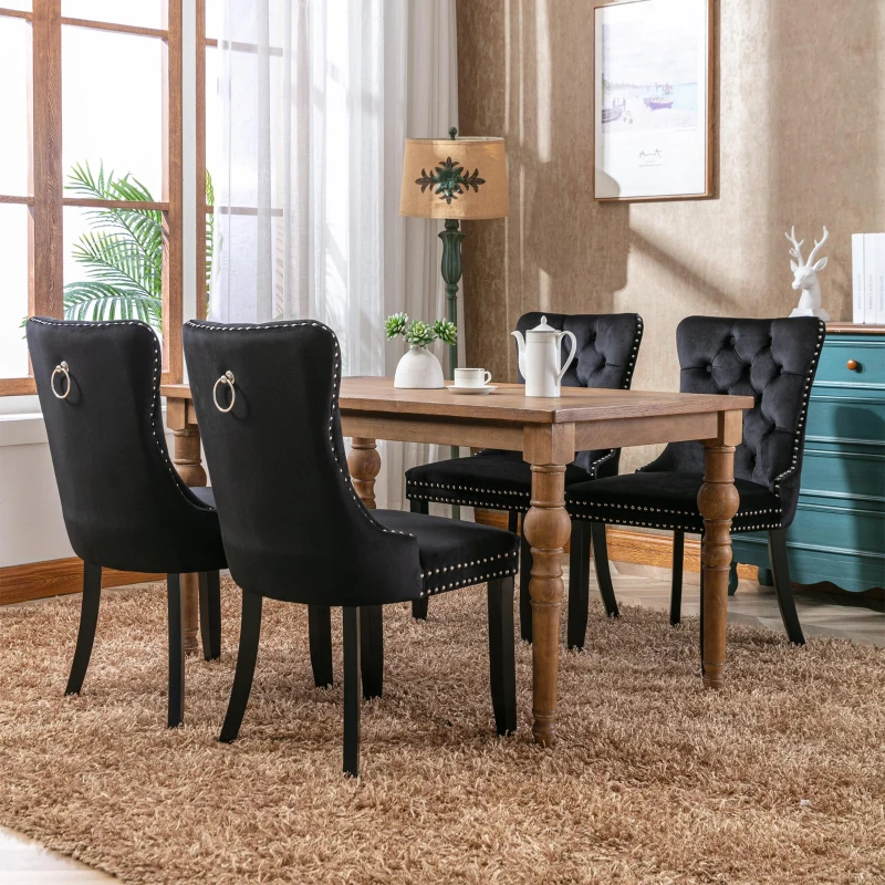 Set of 4 Velvet Upholstered Dining Chairs with Button Tufted Backrest, Solid Wood Legs, Foot Pads, Wingback Design, 50L x 64W x 96H cm, Black