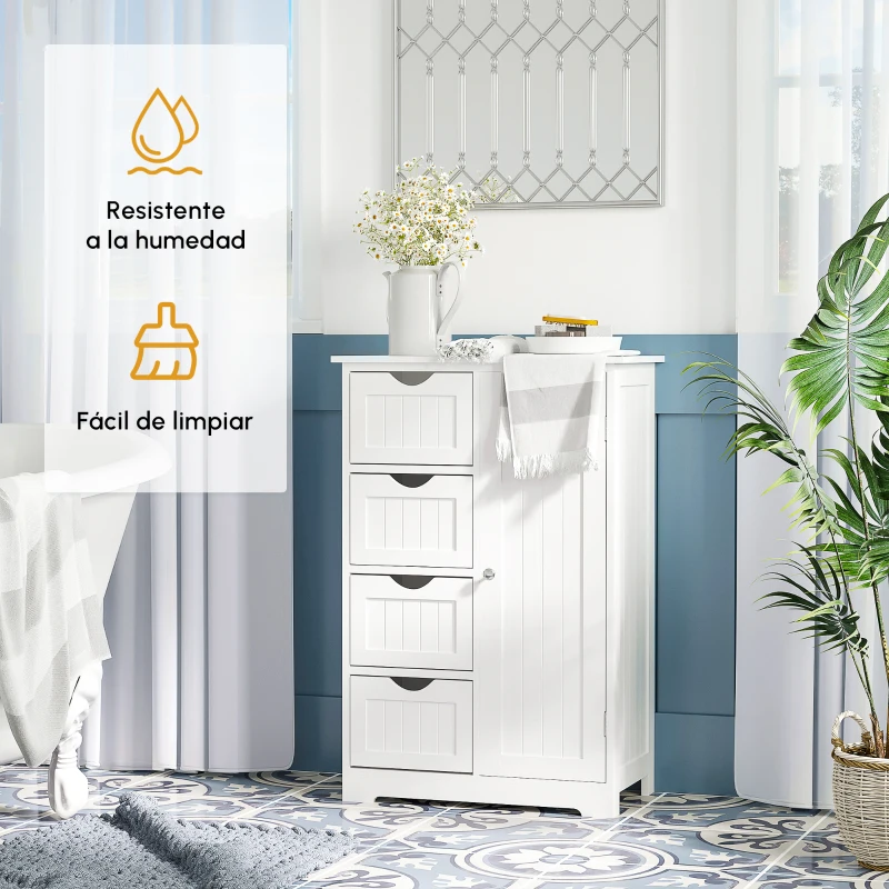 kleankin Armario Auxiliar de Baño Mueble para Baño con Puerta 4 Cajones y Estante Ajustable para Cocina Salón 56x30x83 cm Blanco(m-4)
