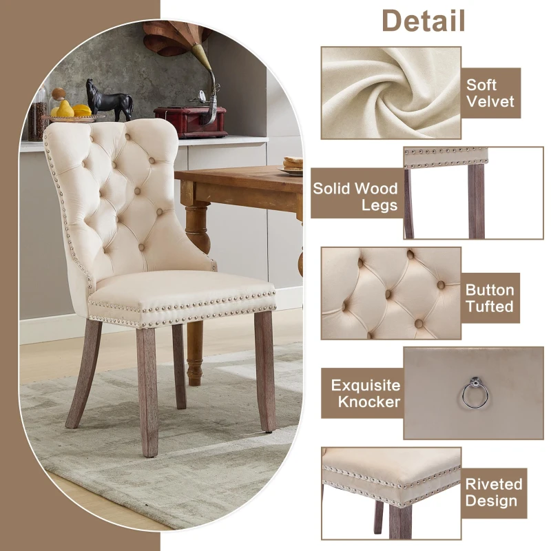 Set of 4 Velvet Upholstered Dining Chairs with Button Tufted Back, Brushed Wood Legs, Foot Pads, Wingback Design, 50L x 64W x 96H cm, Beige
