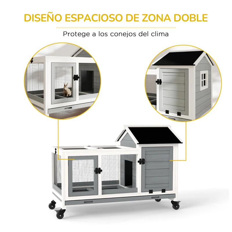 PawHut Jaula para Conejos con Ruedas Techo Abatible y Bandeja Extraíble para Interior y Exterior 108x58x73,5 cm Gris