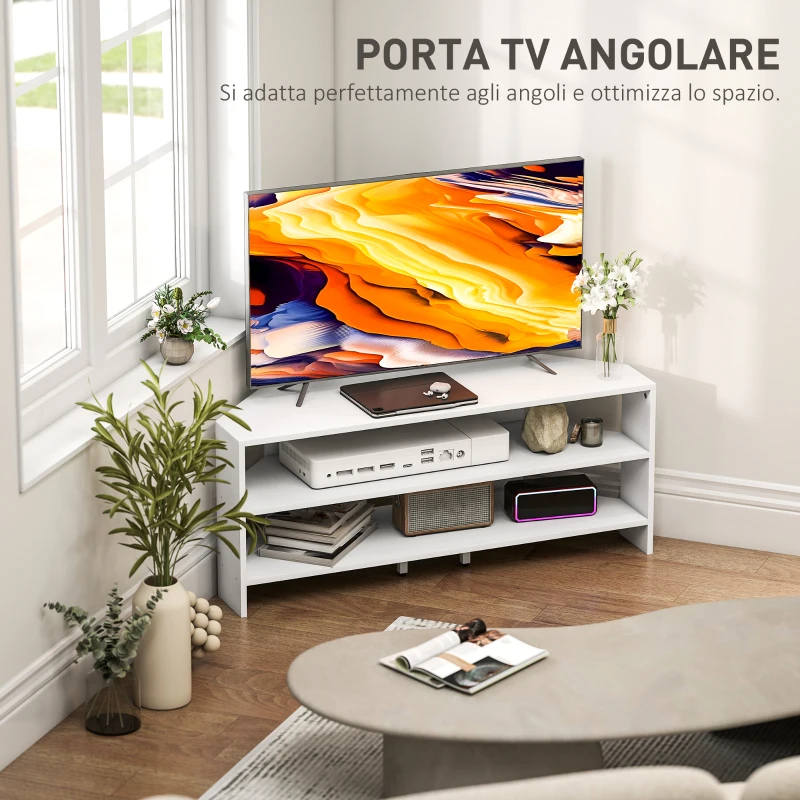 HOMCOM Mobile TV ad Angolo per 47" max con 2 Ripiani Aperti, in Legno, 110x36x45 cm, Bianco