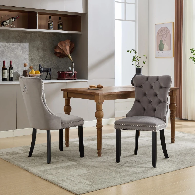 Set of 6 Velvet Dining Chairs with Button Tufted Backrest, Solid Wood Legs, Foot Pads, Wingback Design, 50L x 64W x 96H cm, Grey