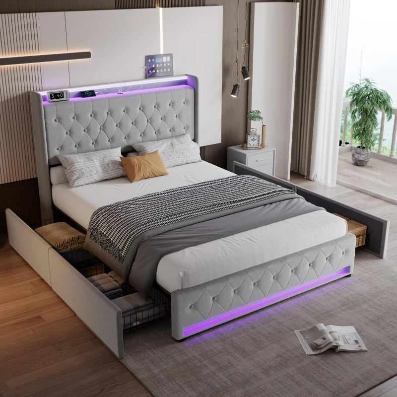 4ft6 Upholstered Double Bed with 4 Storage Drawers, Velvet Headboard, LED Light Strips, Charging Socket, 206L x 143W x 115H cm, Grey