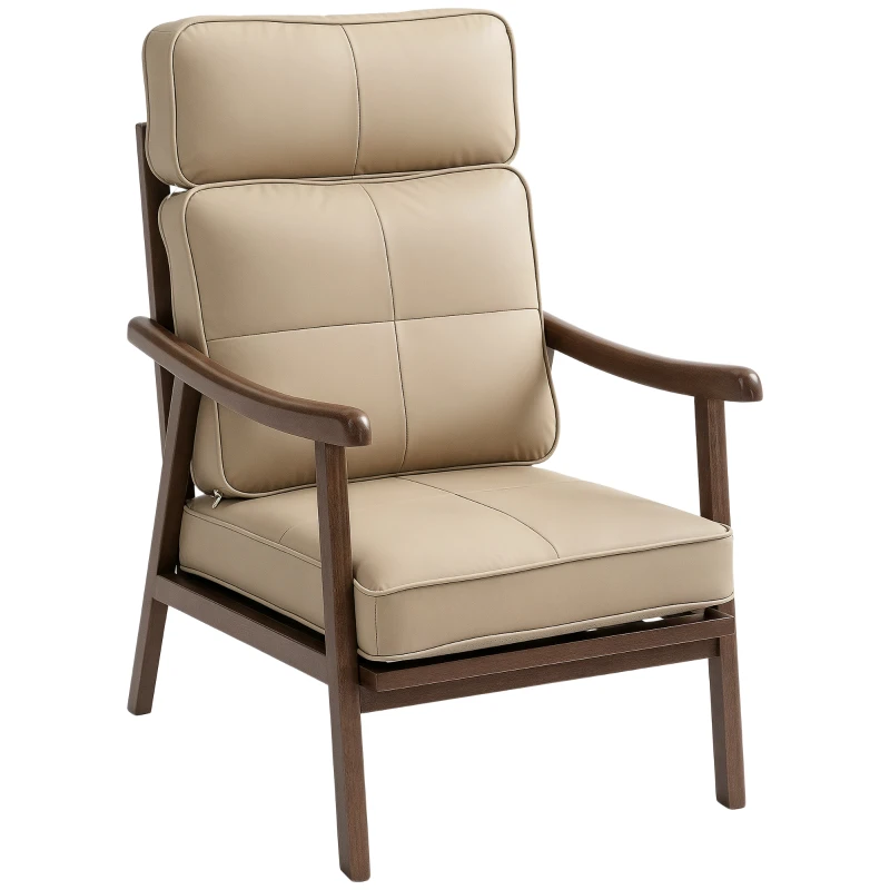 HOMCOM Poltrona de Sala de Estar Estofada em PU com Estrutura de Madeira Almofadas Acolchoadas Poltrona de Leitura 63,5x83x105 cm Caqui