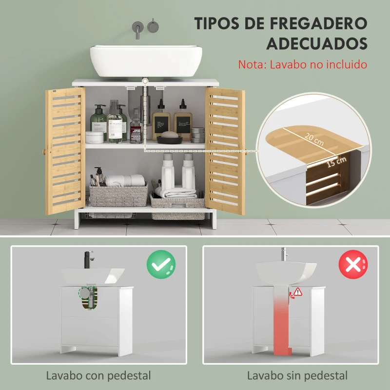 HOMCOM Mueble para Debajo del Lavabo Moderno con Puertas Magnéticas de Bambú y Estante Ajustable 60x30x60 cm Blanco y Natural