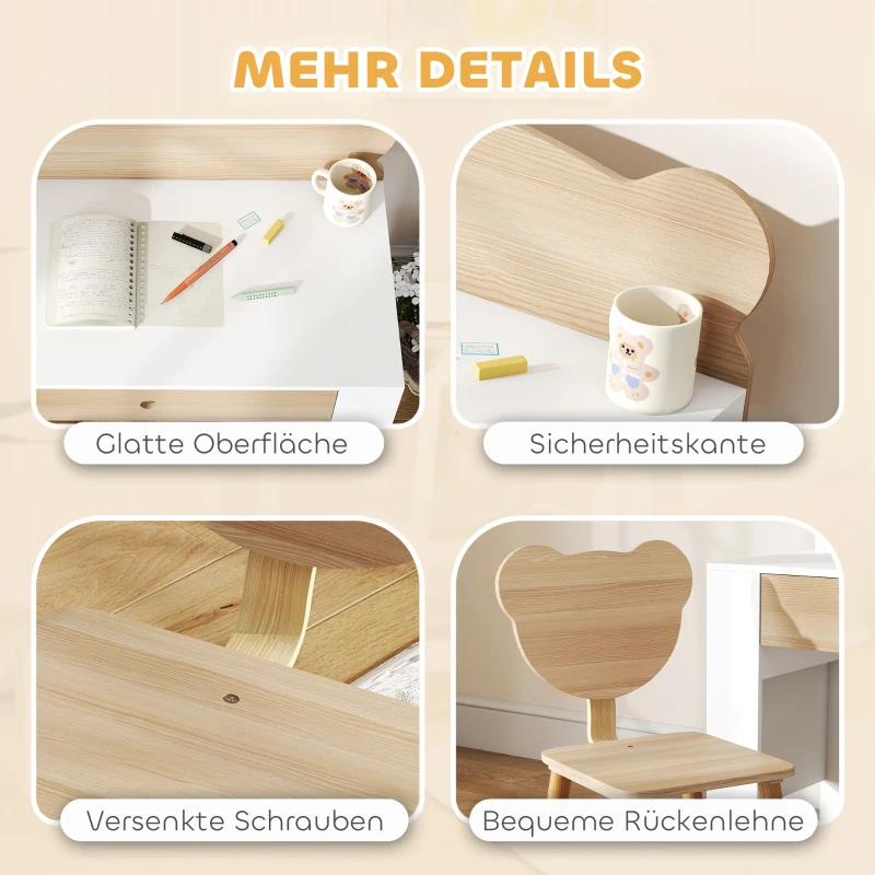 AIYAPLAY Kinderwerktafel met Stoel en Berenrugleuning, Lade, voor Schrijven en Knutselen, 3-8 Jaar, Natuur Hout