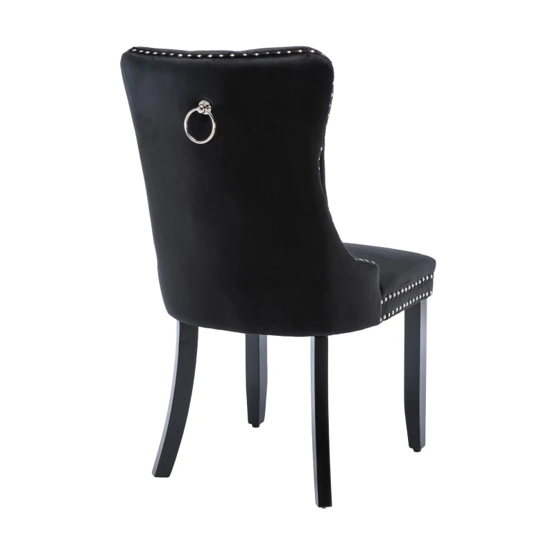 Set of 2 Velvet Dining Chairs with Button Tufted Backrest, Solid Rubber Wood Legs, Foot Pads, Wingback Design, 50L x 64W x 96H cm, Black