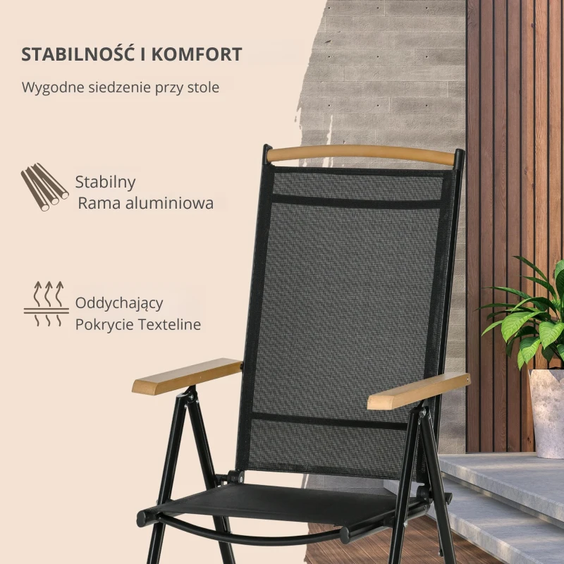 Outsunny komplet stół z krzesłami składany 7-cz. zestaw balkonowy meble balkonowe 1 stół + 6 krzeseł zestaw mebli ogrodowych komplet wypoczynkowy aluminium siatka kolor czarny