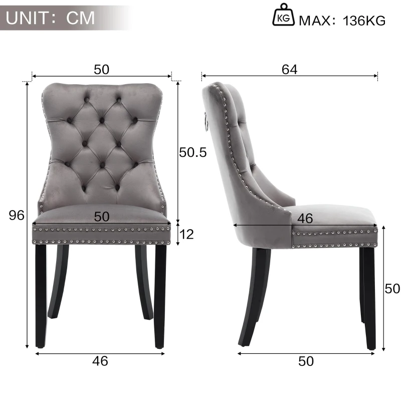 Set of 2 Velvet Dining Chairs with Knocker Ring, Button Tufted Backrest, Upholstered Chairs with Rubber Wood Legs, 50L x 64W x 96H cm, Grey