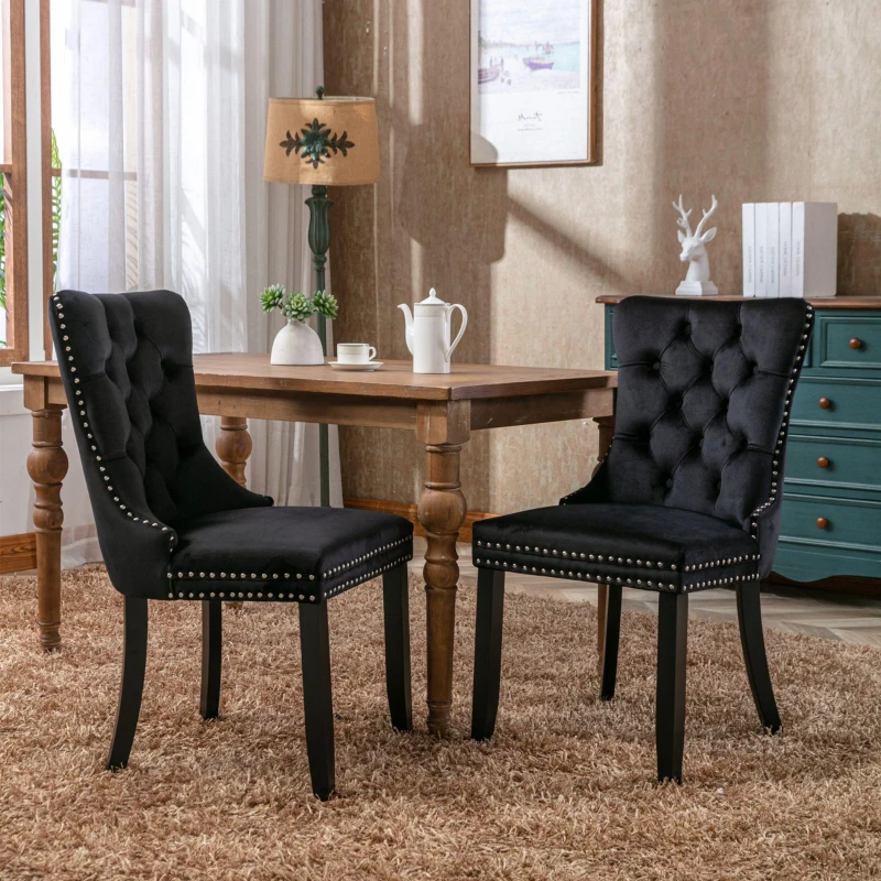 Set of 2 Velvet Dining Chairs with Button Tufted Backrest, Solid Rubber Wood Legs, Foot Pads, Wingback Design, 50L x 64W x 96H cm, Black