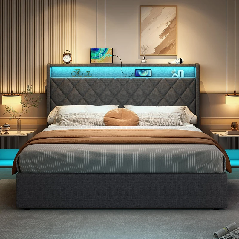 4ft6 Upholstered Double Bed Frame with Hydraulic Storage, LED Lighting, Charging Station, Side Pockets, 209.5L x 150.5W x 120.5H cm, Grey