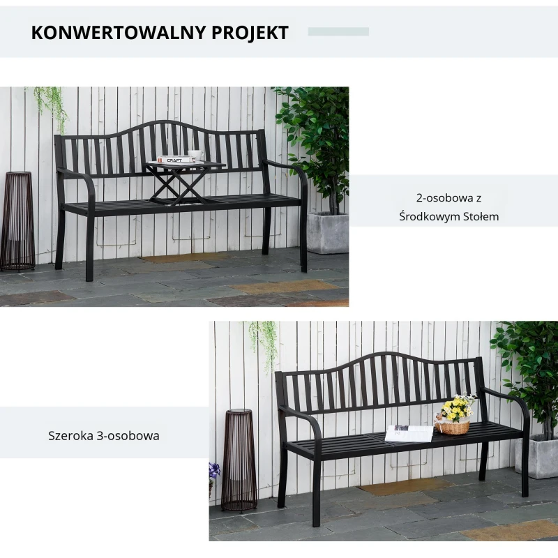Outsunny ławka ogrodowa z rozkładanym stołem metal kolor czarny
