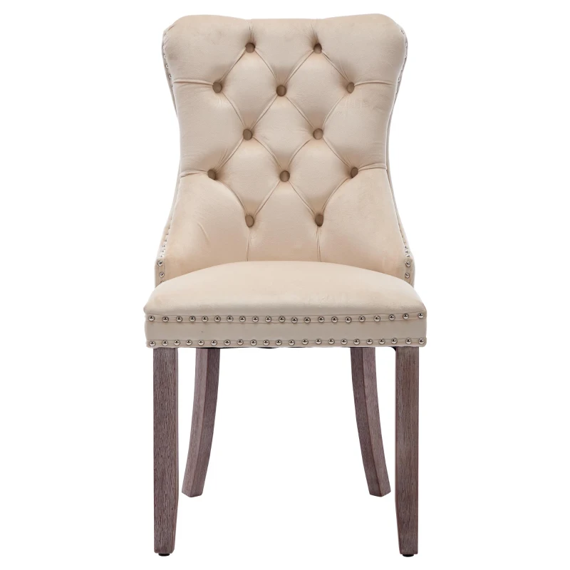 Set of 4 Velvet Upholstered Dining Chairs with Button Tufted Back, Brushed Wood Legs, Foot Pads, Wingback Design, 50L x 64W x 96H cm, Beige