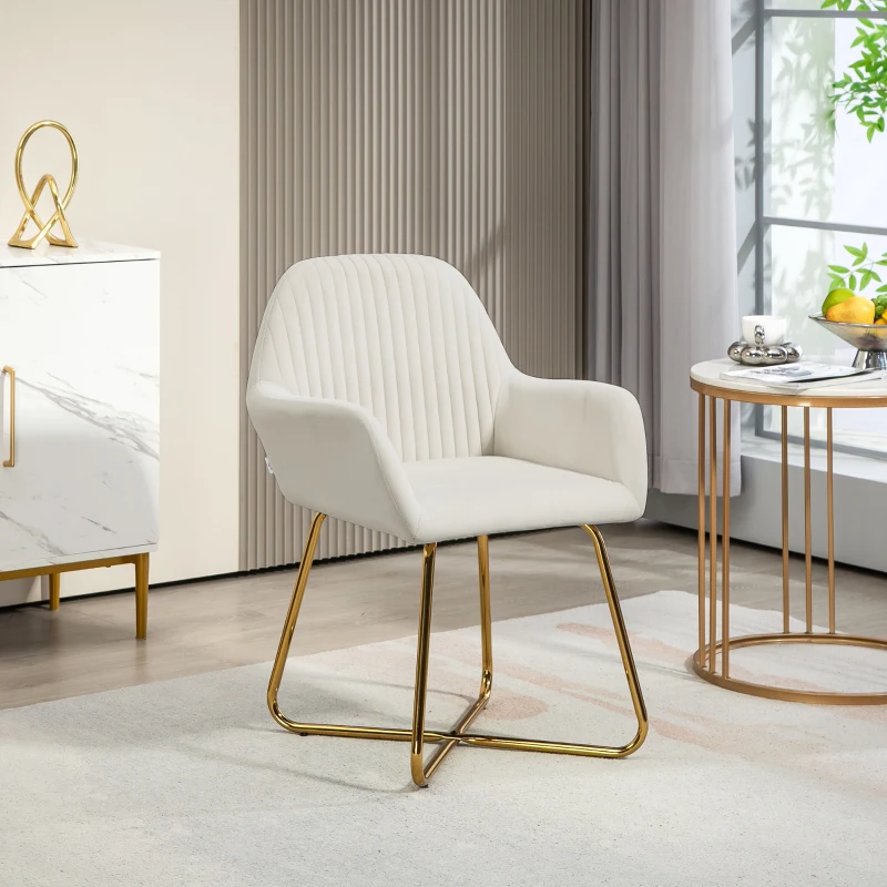 HOMCOM Cadeira de Sala de Jantar Estofada em Veludo com Base Metálica Cruzada Cadeira de Leitura 60x56,5x85 cm Creme