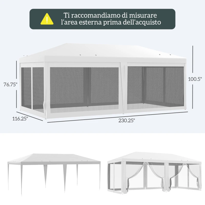 Outsunny Gazebo da Giardino per Feste con 6 Pareti Rimovibili a Zanzariera, 582x295x255cm, Bianco