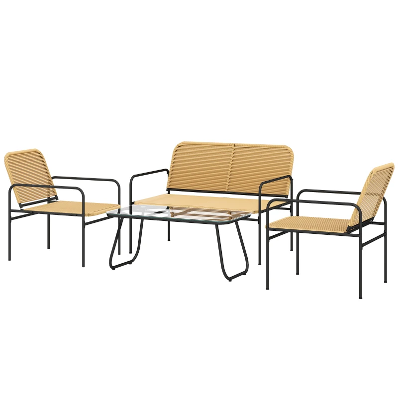 Outsunny Conjunto de Muebles Jardín Exterior de Ratán de 4 Piezas con Sofá Sillones y Mesa de Tablero de Vidrio Natural
