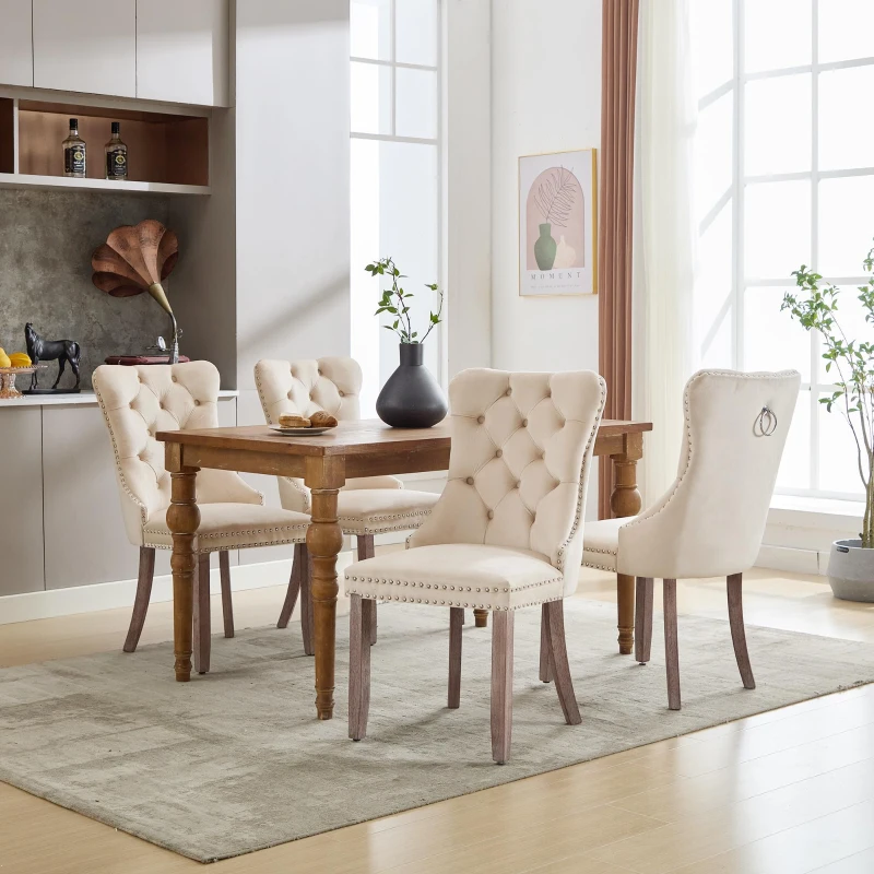 Set of 4 Velvet Upholstered Dining Chairs with Button Tufted Back, Brushed Wood Legs, Foot Pads, Wingback Design, 50L x 64W x 96H cm, Beige