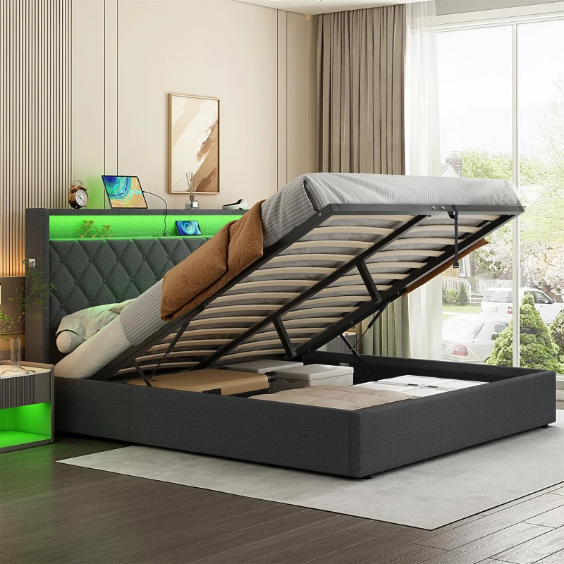 4ft6 Upholstered Double Bed Frame with Hydraulic Storage, LED Lighting, Charging Station, Side Pockets, 209.5L x 150.5W x 120.5H cm, Grey