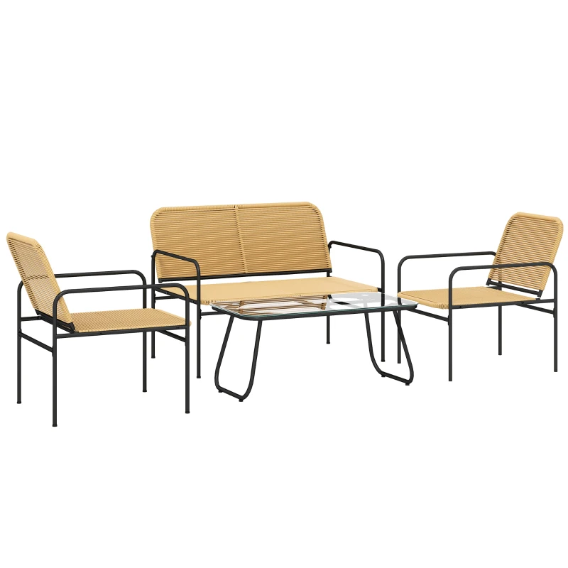 Outsunny Conjunto de Jardim em Vime com 2 Poltronas Sofá de 2 Lugares e Mesa com Bancada em Vidro Temperado Madeira e Preto