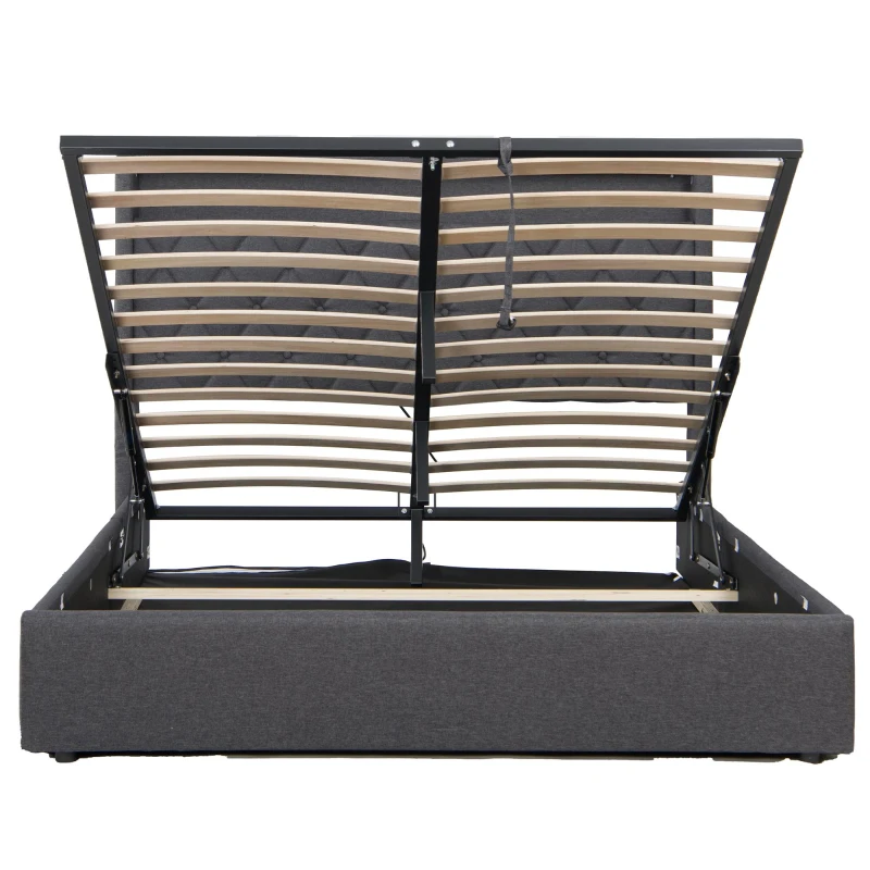 5ft Upholstered King Bed with Hydraulic Storage, LED Lighting, Charging Station, Button-Tufted Headboard, 219.5L x 165.5W x 120.5H cm, Grey