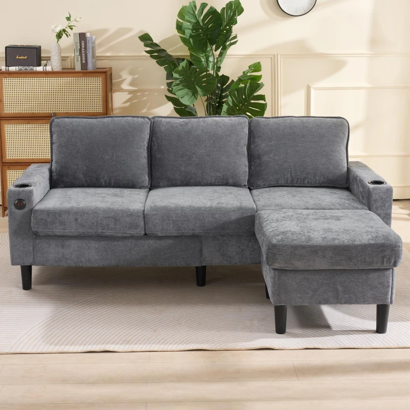 L-Shaped Corner Sofa with USB Charging Ports, Cup Holders, Ergonomic 3-Seater Sectional Couch for Apartment, 202L x 137W x 80H cm, Grey