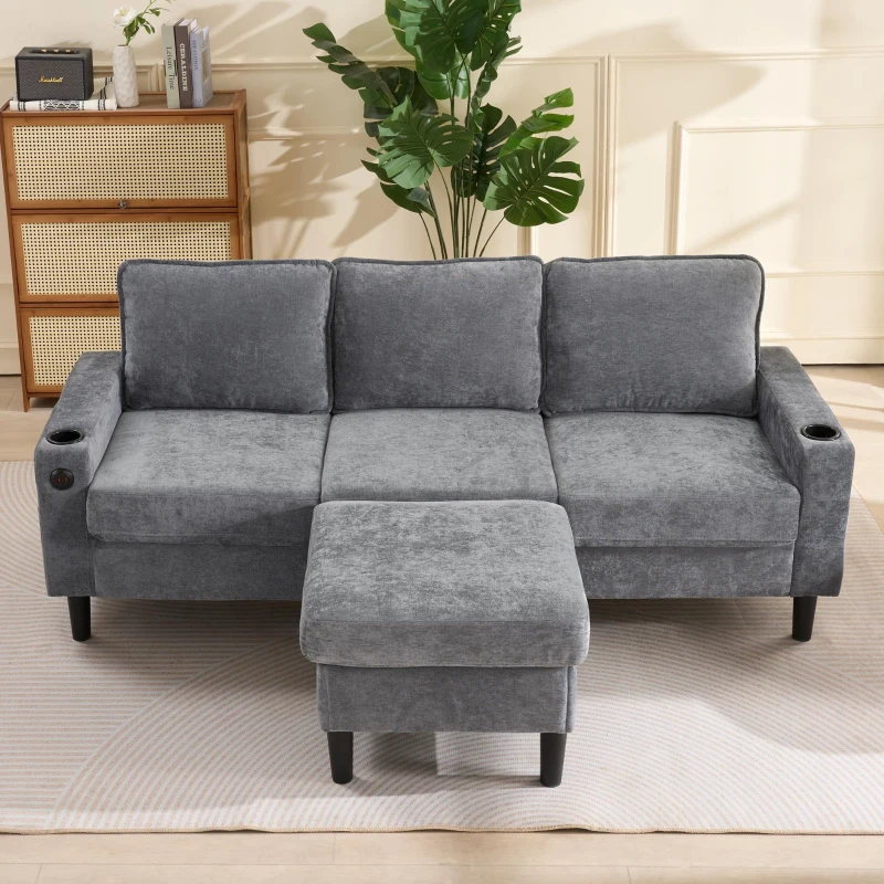L-Shaped Corner Sofa with USB Charging Ports, Cup Holders, Ergonomic 3-Seater Sectional Couch for Apartment, 202L x 137W x 80H cm, Grey