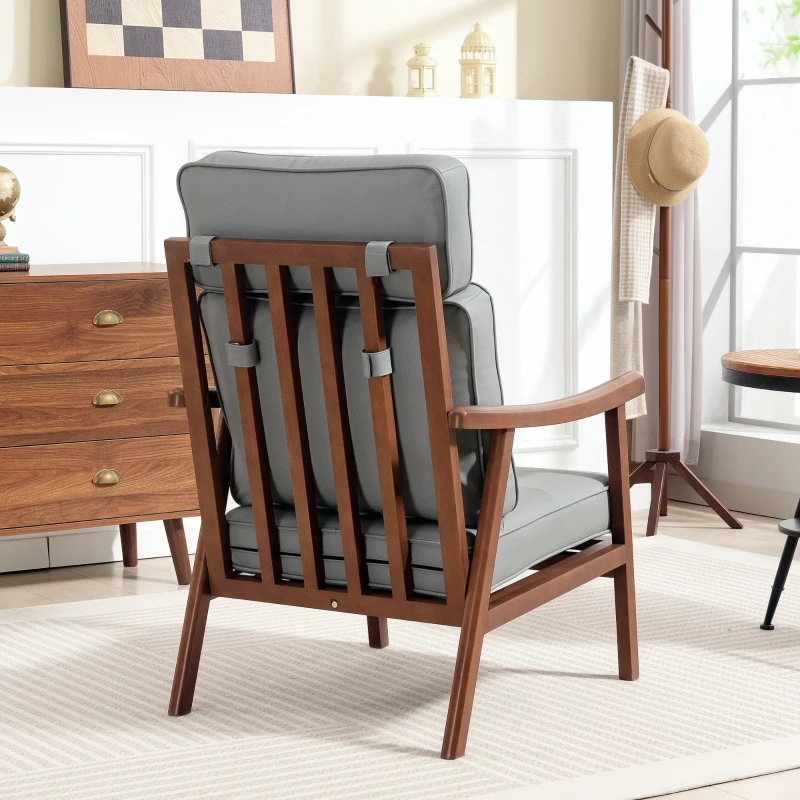 HOMCOM Sillón de Salón Tapizado en PU con Marco de Madera Cojines Acolchados Gruesos Gris y Madera Nogal
