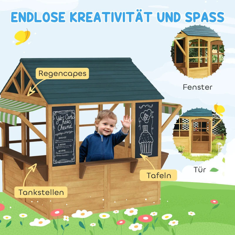 AIYAPLAY Kinder speelhuis van dennenhout, Opvouwbare Speelhut met Vensters, Deur, voor Kinderen van 3-8 Jaar, Bruin+Blauw
