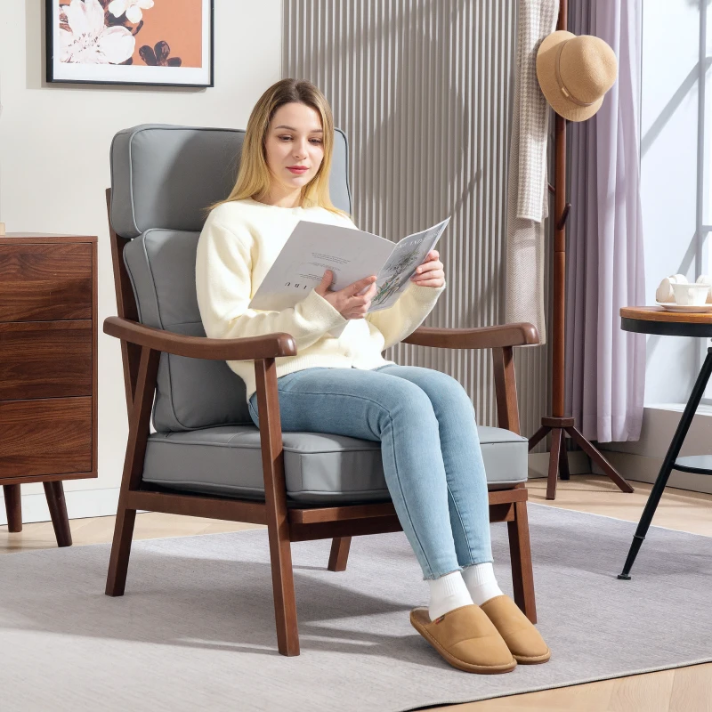 HOMCOM Sillón de Salón Tapizado en PU con Marco de Madera Cojines Acolchados Gruesos Gris y Madera Nogal
