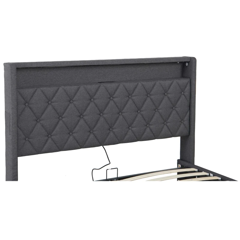 5ft Upholstered King Bed with Hydraulic Storage, LED Lighting, Charging Station, Button-Tufted Headboard, 219.5L x 165.5W x 120.5H cm, Grey