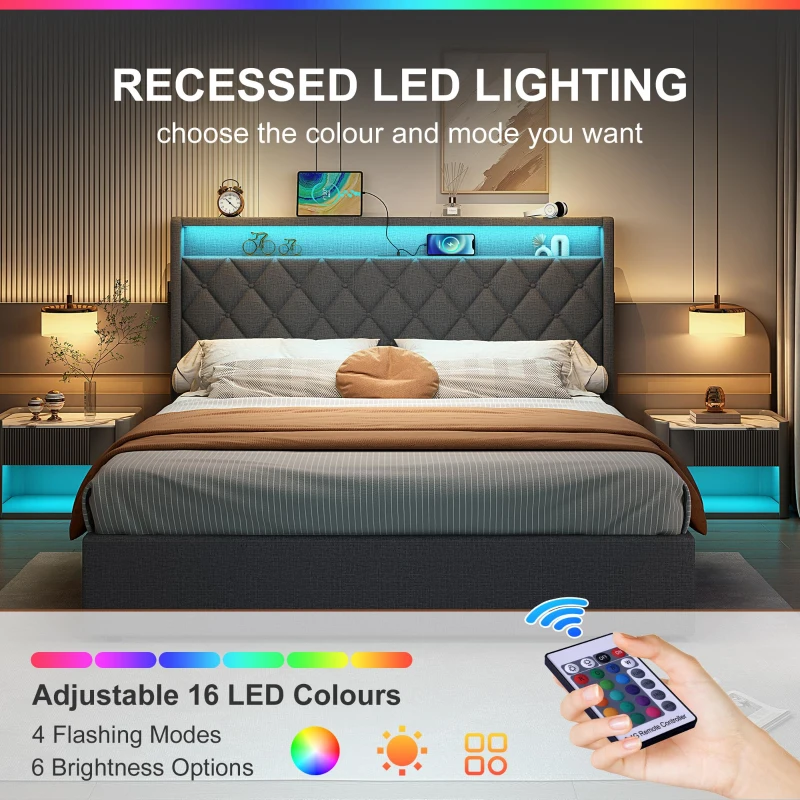 5ft Upholstered King Bed with Hydraulic Storage, LED Lighting, Charging Station, Button-Tufted Headboard, 219.5L x 165.5W x 120.5H cm, Grey