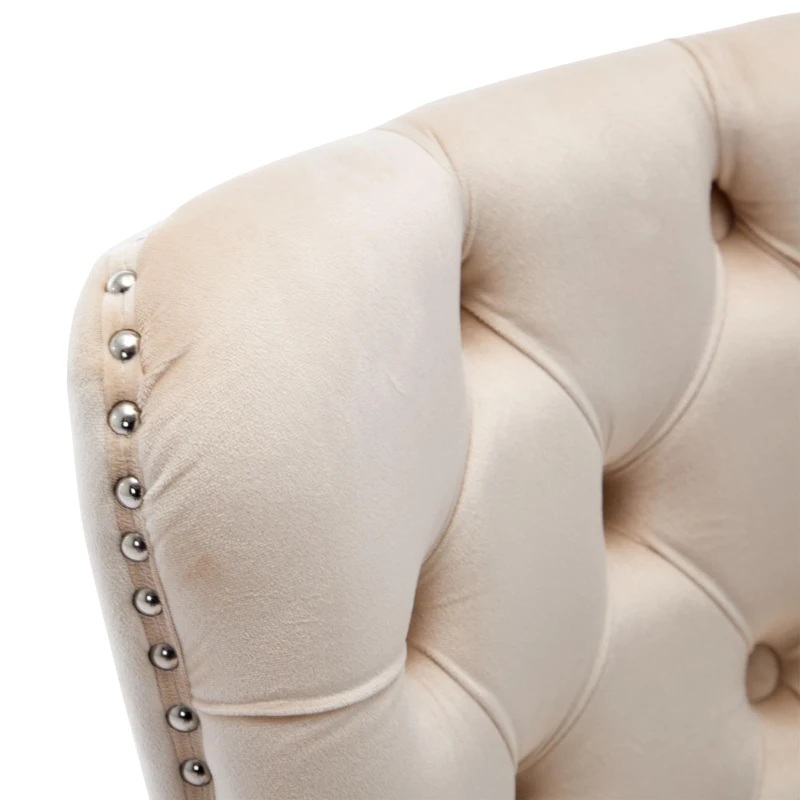 Set of 2 Velvet Upholstered Dining Chairs with Button Tufted Back, Brushed Wood Legs, Knocker Ring, Foot Pads, 50L x 64W x 96H cm, Beige