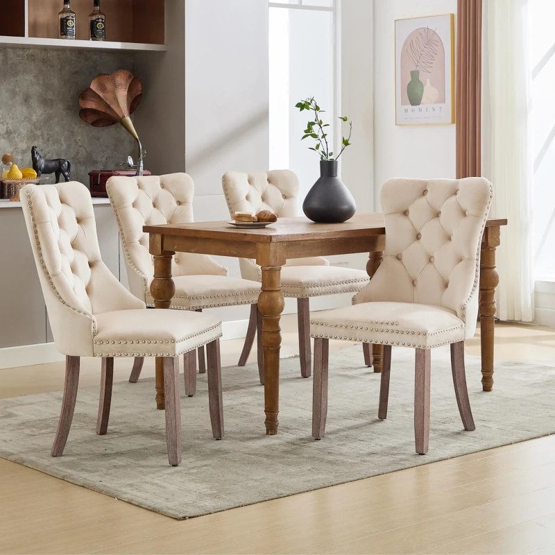 Set of 4 Velvet Upholstered Dining Chairs with Button Tufted Back, Brushed Wood Legs, Foot Pads, Wingback Design, 50L x 64W x 96H cm, Beige