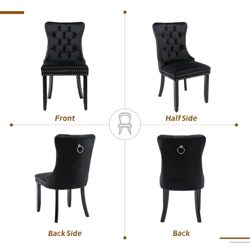 Set of 6 Velvet Dining Chairs with Button Tufted Backrest, Foot Pads, Solid Rubber Wood Legs, Wingback Design, 50L x 64W x 96H cm, Black