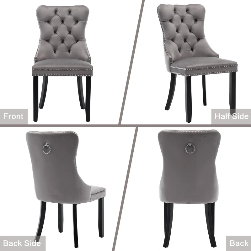 Set of 6 Velvet Dining Chairs with Button Tufted Backrest, Solid Wood Legs, Foot Pads, Wingback Design, 50L x 64W x 96H cm, Grey