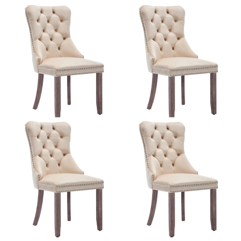 Set of 4 Velvet Upholstered Dining Chairs with Button Tufted Back, Brushed Wood Legs, Foot Pads, Wingback Design, 50L x 64W x 96H cm, Beige