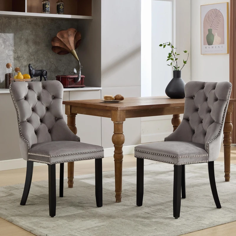 Set of 2 Velvet Dining Chairs with Knocker Ring, Button Tufted Backrest, Upholstered Chairs with Rubber Wood Legs, 50L x 64W x 96H cm, Grey