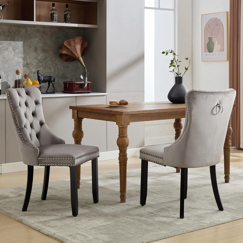 Set of 6 Velvet Dining Chairs with Button Tufted Backrest, Solid Wood Legs, Foot Pads, Wingback Design, 50L x 64W x 96H cm, Grey