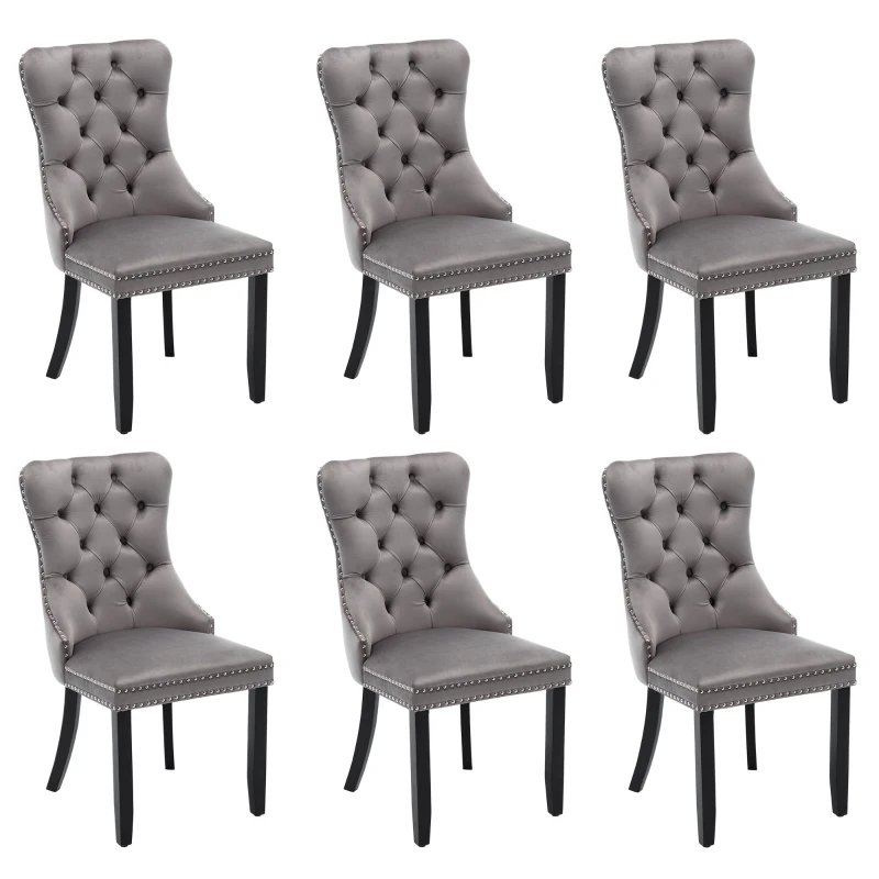Set of 6 Velvet Dining Chairs with Button Tufted Backrest, Solid Wood Legs, Foot Pads, Wingback Design, 50L x 64W x 96H cm, Grey