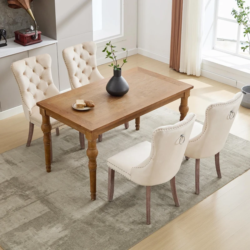 Set of 4 Velvet Upholstered Dining Chairs with Button Tufted Back, Brushed Wood Legs, Foot Pads, Wingback Design, 50L x 64W x 96H cm, Beige