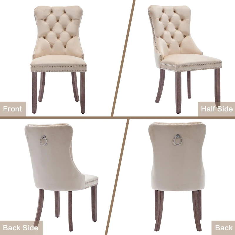 Set of 2 Velvet Upholstered Dining Chairs with Button Tufted Back, Brushed Wood Legs, Knocker Ring, Foot Pads, 50L x 64W x 96H cm, Beige