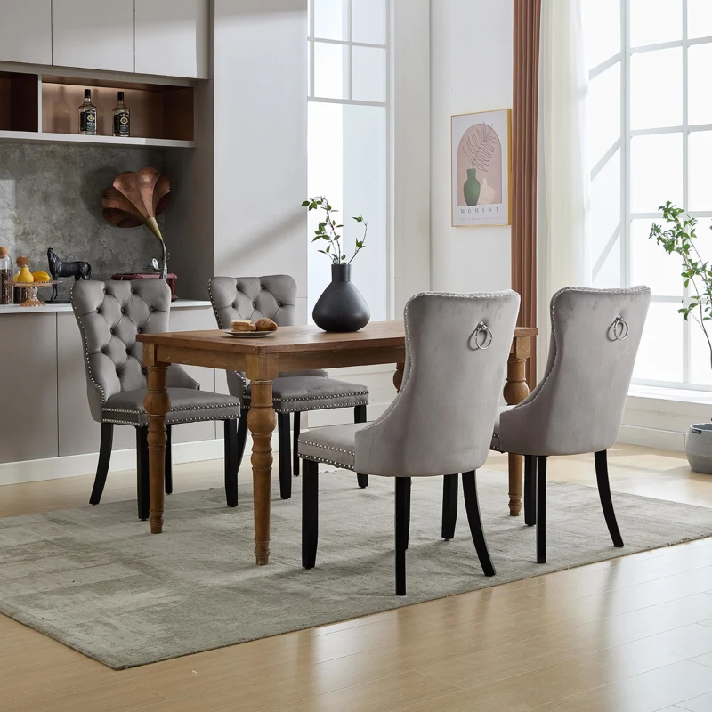 Set of 4 Velvet Dining Chairs with Button Tufted Backrest, Foot Pads, Solid Rubber Wood Legs, Wingback Design, 50L x 64W x 96H cm, Grey